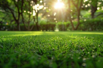 Naklejka premium Green Grass Field. Park Garden with Lush Lawn for Refreshing Morning