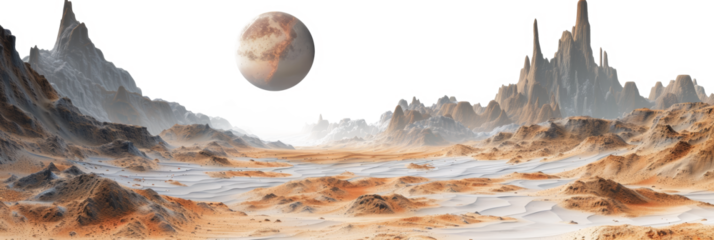 Alien landscape with rocky terrain and distant planet for science fiction and fantasy themes