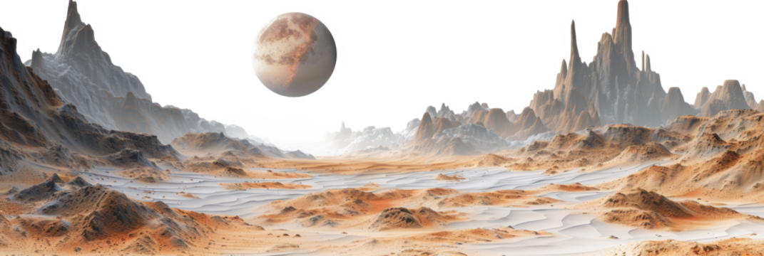 Alien landscape with rocky terrain and distant planet for science fiction and fantasy themes