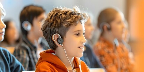 Student with hearing impairment wearing device in class learning in educational setting. Concept Hearing impairment, Assistive technology, Educational setting, Inclusive learning, Student support