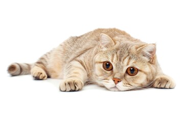 Obraz premium A Tabby Cat Lying Down and Looking at the Camera on a White Background
