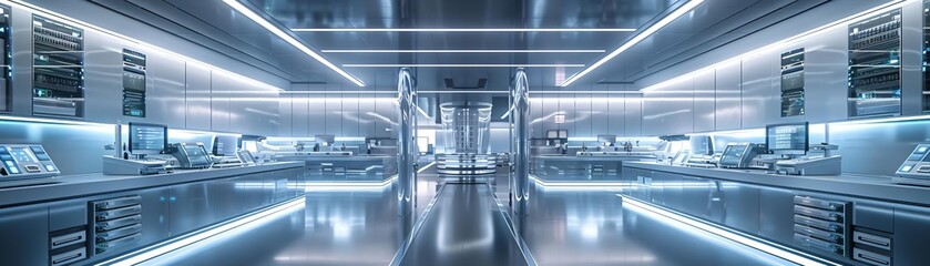 Obraz premium A hightech lab with secure data storage, Futuristic, Silver, 3D, Advanced technology and pristine environment