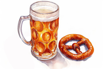Glass of beer with pretzel. Isolated watercolor illustration on white background.