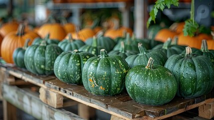 Rows of freshly picked green pumpkins, meticulously arranged at the market, highlighting the abundance of the harvest