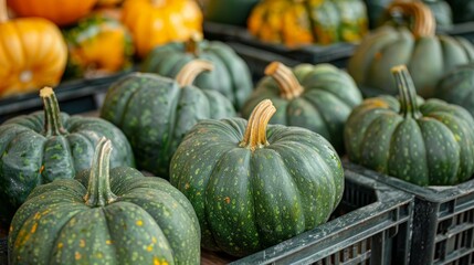 Rows of freshly picked green pumpkins, meticulously arranged at the market, highlighting the abundance of the harvest