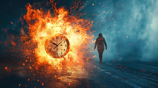 Running after time, alarm clock burning in fire, exploding rush hour, deadline pressure, urgency