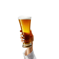 Chill and Refresh. Female hand holding frothy drink, lager foamy beer isolated on white background. Concept of alcohol, Oktoberfest, drinks, holidays and festivals. Copy space for ad.