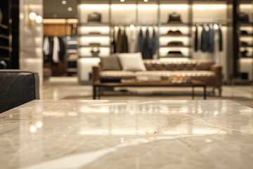 An elegant, polished marble coffee table in the foreground with a blurred background of a luxury personal shopping suite. The background features stylish clothing racks.