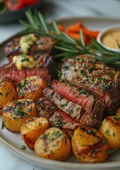 Fototapeta premium Chateaubriand A plate of Chateaubriand steak, perfectly cooked and sliced, served with bÃ©arnaise sauce and roasted vegetables. 