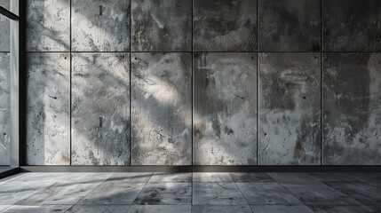 Minimalist interior with concrete wall and sunbeams.