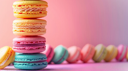 Stack of colorful macarons in pink, yellow, blue hues on a pastel background.