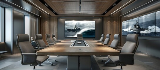 A modern conference room with an oversized wooden table and gray office chairs, featuring large screens on the walls displaying pictures of warships and ocean waves