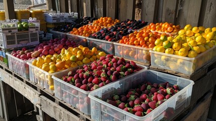 Outdoor market stand with plastic containers packed with fruits and vegetables, arranged neatly in rows, sunlight enhancing the fresh and colorful display