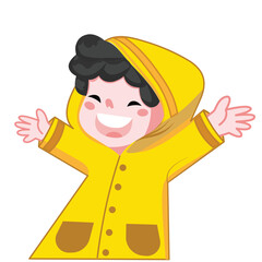 Cute Little Girl Wearing Raincoat Smiling. design illustration of a child wearing a yellow raincoat. children's design elements