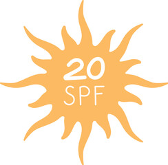 Spf sun symbol, cartoon uv factor protection spray container, creative sun block moisturizer tube, vector spf cosmetic pack, flat solar screen lotion bottle,