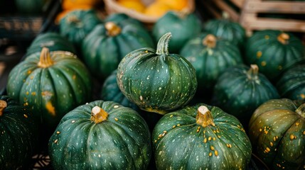 Newly harvested green pumpkins, perfectly lined up at a busy marketplace, symbolizing farm-to-table freshness