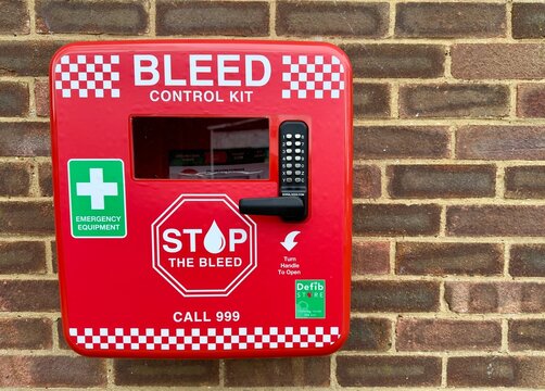 Billericay, UK - March 25, 2024: A bleed control kit for emergency lifesaving use installed in a park in Essex. 