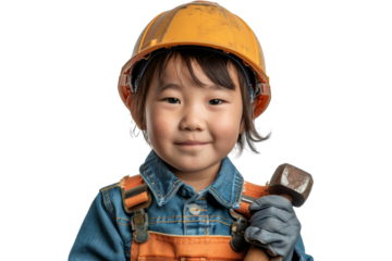 A young child in construction attire smiling while holding a hammer. Safety gear includes a helmet and gloves. Ideal for educational purposes.