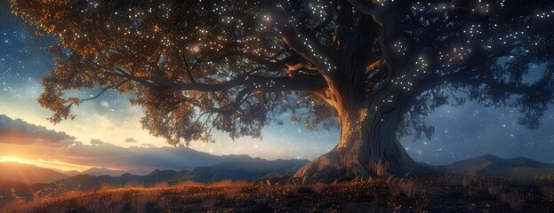 Fototapeta premium An ancient oak tree bathed in soft moonlight