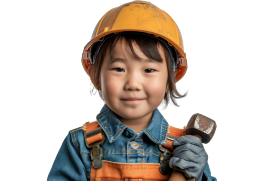 A young child in construction attire smiling while holding a hammer. Safety gear includes a helmet and gloves. Ideal for educational purposes.