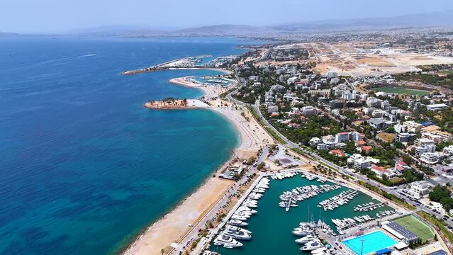 Aerial view of the popular Glyfada coast, south Athens suburb, Greece, with beaches, marinas and turquoise sea