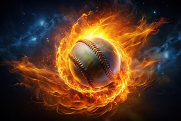 Magic leather baseball ball in a colorful explosion of fire energy and movement, sports performance, banner with copy space, sports, baseball, ball, leather, magic, fire, energy, movement