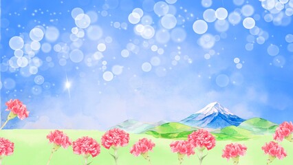 春の景色　カーネーションと富士山の背景素材イラスト
