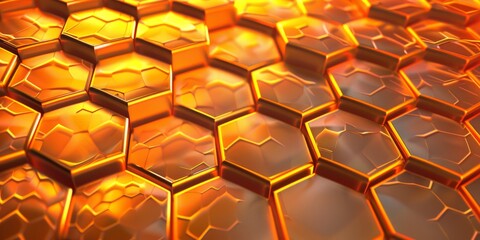 A close-up view of a golden hexagonal pattern, shining and reflective, with a honeycomb-like structure.