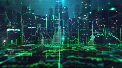 modern financial stock market background in the style of green trading chart and cityscape