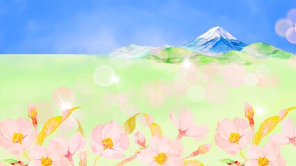水彩で描いた春の富士山と桜の背景素材イラスト　壁紙