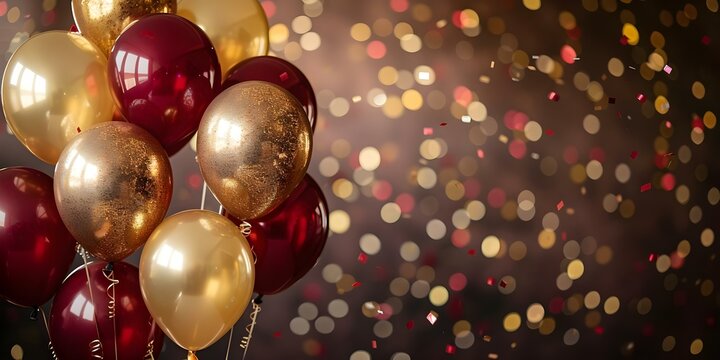 Backdrop adorned with gold and red balloons and confetti for various events. Concept Event Decor, Balloon Backdrop, Celebration Design, Party Setup