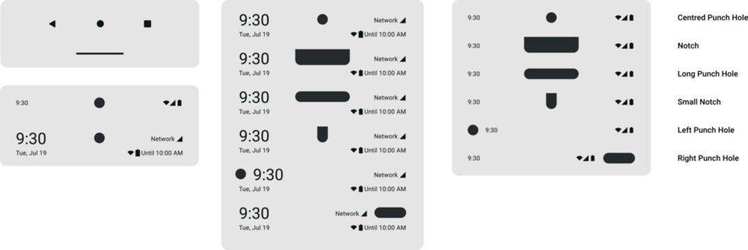 Status bar - Notch and punch hole display battery level time notification alerts and device. UI Components set template  Bars, classes smartphone OS long notch and pill drop