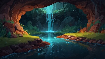 Mysterious Digital Art Cave with Serene River Stream. 2d style