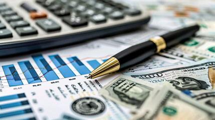 A calculator and financial charts on an office desk, with a laptop in the background, displaying graphs of growth data.
