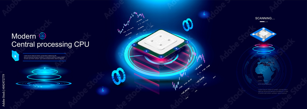 Poster powerful multi-core processor for computer on futuristic background with neon hologram. isometric di