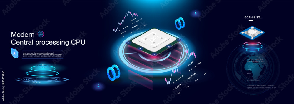 Poster powerful multi-core processor for computer on futuristic background with neon hologram. isometric di