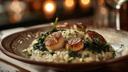 A restaurant plate showcasing a creamy risotto dish delicately flavored with seaweed and topped with pan-seared scallops 