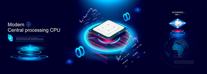 Powerful multi-core processor for computer on futuristic background with neon hologram. Isometric digital chip with interactive server. Conceptual cyber banner with realistic processor for PC