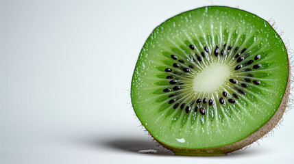 Close view of a freshly cut kiwi half slice on a white background, highlighting the vibrant green color and juicy texture