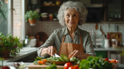 Senior Woman Preparing Healthy Salad in Kitchen.