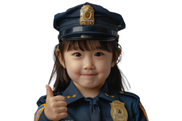 Adorable young girl dressed in a police uniform giving a thumbs up, symbolizing support and ambition, isolated on a white background.