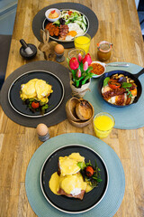 High angle view of brunch food on the table in a restaurant