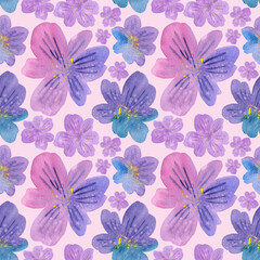 Seamless pattern of hand drawn watercolor flowers floral lilac plants. Herb flower. Drawing summer Botanical greenery illustration on pink background. For fabric, wallpaper, wrapping