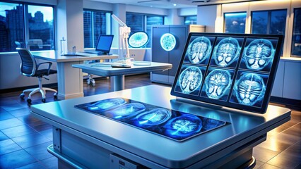 Naklejka premium Advanced interactive touch screen table displaying mri scans of brain anatomy, surrounded by cutting-edge medical equipment.