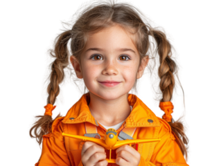 Smiling young girl with pigtails in an orange jacket holding a toy airplane, looking happy and excited.