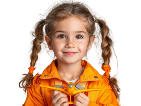 Smiling young girl with pigtails in an orange jacket holding a toy airplane, looking happy and excited.