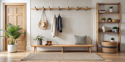 A minimalist Scandinavian entryway with a wooden bench and woven baskets underneath, a pegboard wall for coats and bags, and a geometric patterned woven rug, Scandinavian, entryway