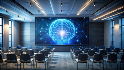 Empty tech startup seminar room with spotlight shining on a large screen displaying an animated brain with ai text, awaiting a motivational speaker's keynote.