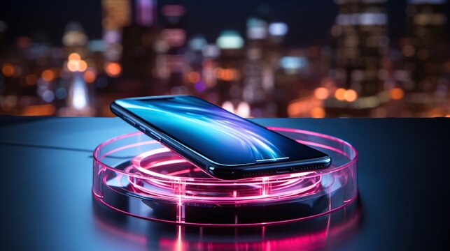 Realistic of a smart phone with stand. Neon LED accent lights
