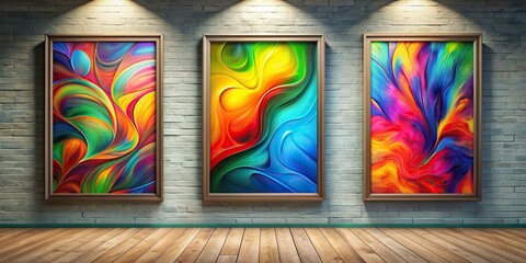 Colorful abstract art of three frames on a wall with vibrant free form shapes, abstract, minimalism, bright, vibrant, artwork,frame, wall, mockup, concept, free form, shape, tone